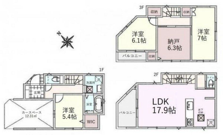 間取り図 建物面積:118.10平米（車庫面積12.31平米含む）、全室収納あり3SLDK