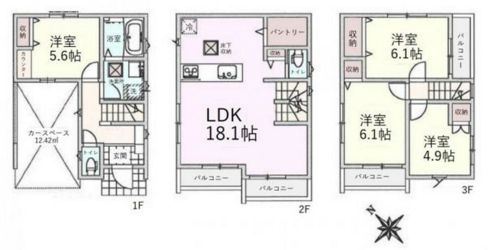 間取り図 建物面積:109.70平米（車庫面積12.42平米含む）、全室収納あり4LDK