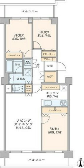 間取り図 南向きの陽当たり良好な3LDKです。収納豊富で廊下には納戸あり。お一人の時間も家族団欒のひとときも大切にできるお部屋です。