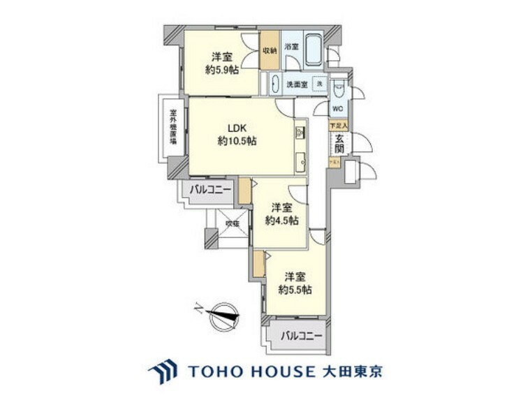 間取り図 3LDK、専有面積61.76m2、バルコニー面積6.37m2