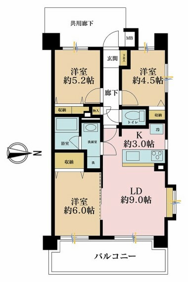 間取り図 3LDK、専有面積60.3m2、バルコニー面積10.8m2