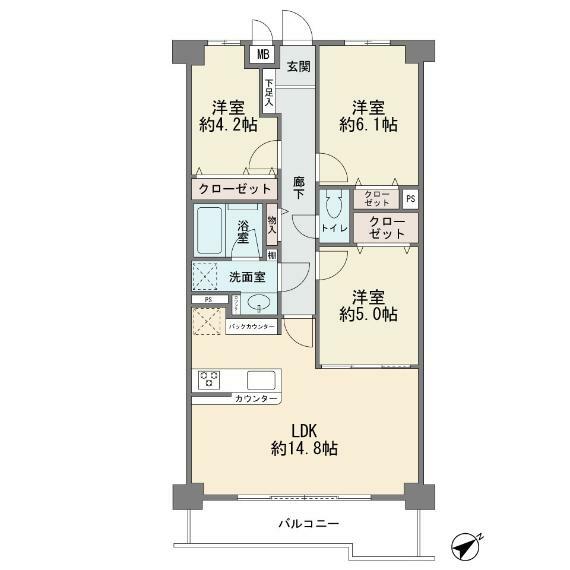 間取り図 3階部分の東南向き　ワイドバルコニー　カウンターキッチン　全室フローリング　3LDK　ペット飼育可能　新規リフォーム　エアコン付き