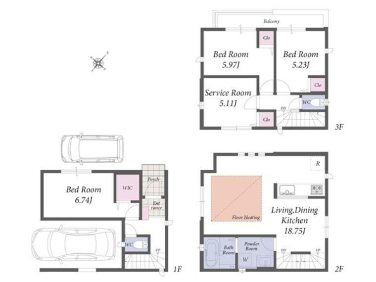 間取り図 3号棟: 開放感のある広々とした18.7畳のLDK家事効率のことを考え水回りを集中させた間取り全居室収納付きでお部屋をすっきりご使用いただけます