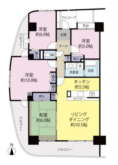 間取り図 南西北の三方角部屋4LDKは99.96平米。LDK約16帖に加え洋室約10帖は広々しています。