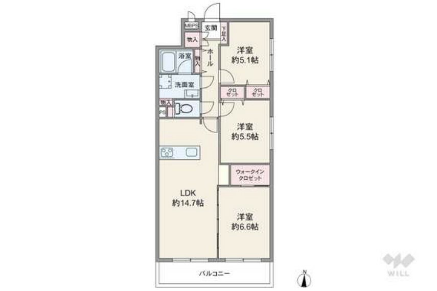 間取り図 間取りは専有面積72.92平米の3LDK。縦長リビングのプラン。バルコニー面積は7.59平米です。