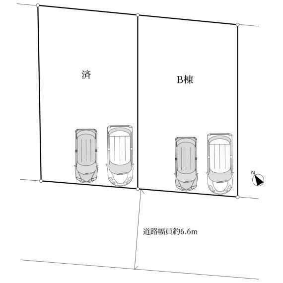 区画図 全2棟の新築分譲住宅は整形地で生活しやすい間取りプランとなっております。建物前面にカースペースがあり隣地との距離もしっかり取っているので陽当り通風良好ですよ。