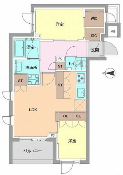 間取り図 ■5階建て4階部分の3方角住戸で採光・眺望良好  ■専有面積:49.43平米の2LDK＋WIC＆SIC付き