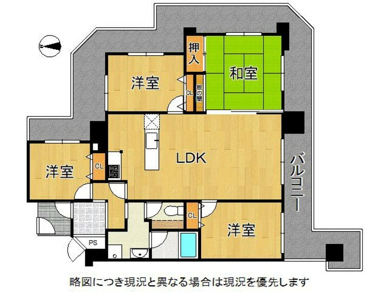 間取り図 南東角部屋、広々引き廻しバルコニーあり！