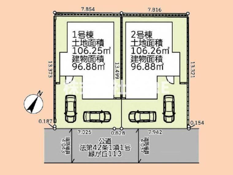 区画図 こちらは2号棟です。カースペースは嬉しい2台分ございます（車種による）