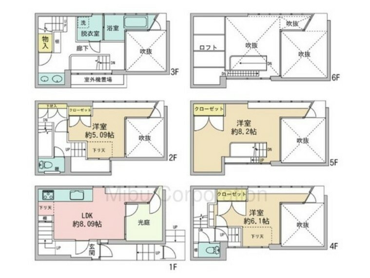 間取り図 地上5階建て、鉄骨造陸屋根です。