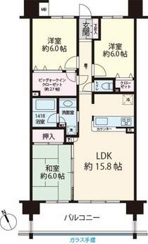 最上階20階。全居室6帖。LDK15.8帖。アウトフレームのため室内が整形でレイアウトしやすい構造です。バルコニーはガラス手摺のため、室内からも開放的な眺望が楽しめます。