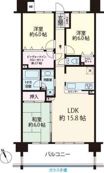 最上階20階。全居室6帖。LDK15.8帖。アウトフレームのため室内が整形でレイアウトしやすい構造です。バルコニーはガラス手摺のため、室内からも開放的な眺望が楽しめます。