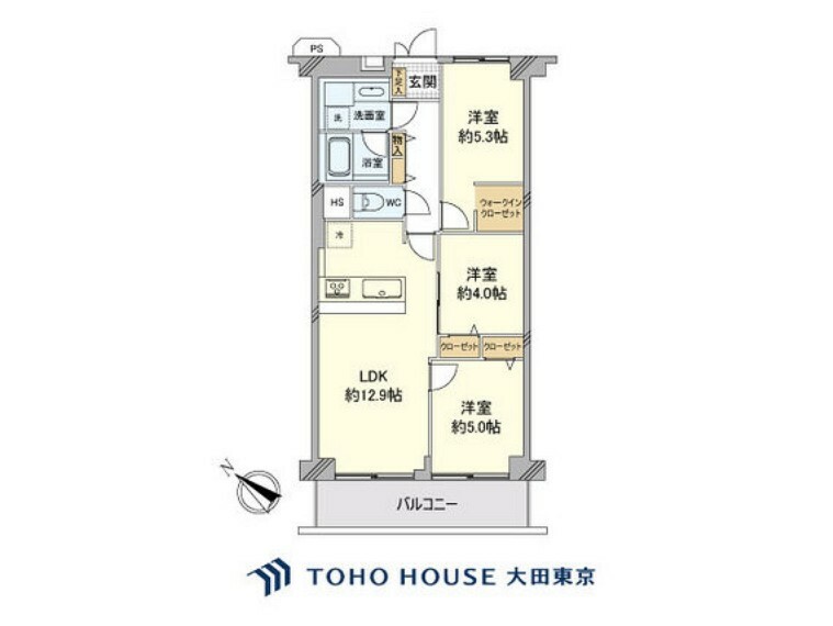 間取り図 3LDK、専有面積61.6m2、バルコニー面積7.84m2