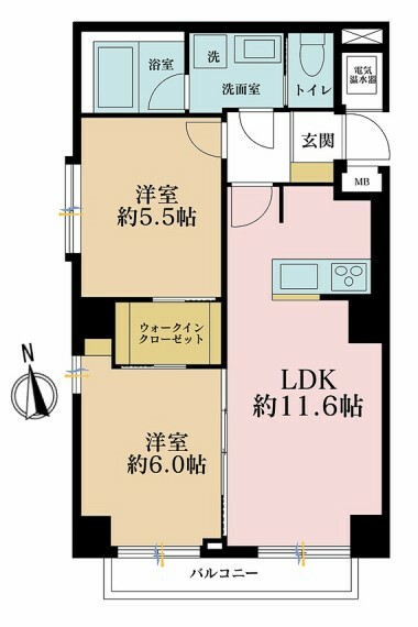 間取り図 2LDK、専有面積52.15m2、バルコニー面積3.3m2