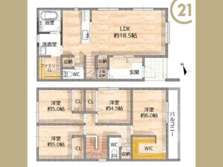 間取り図 4LDK。土地134.64平米（約40.72坪）、建物106.01平米（約32.06坪）。 収納豊富な間取り。約18.5帖のLDKはご家族が自然と集まる空間です。