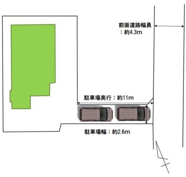 区画図 【区画図】旗竿形状の敷地です。駐車場幅約2.6m、駐車場奥行約11mのため、普通車2台縦列駐車可能です。