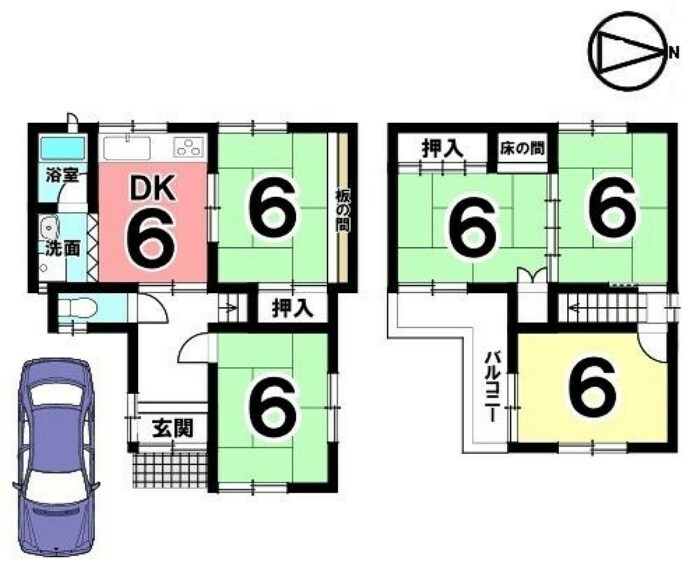 間取り図 全室6帖以上の広さを確保。駐車1台可能です。