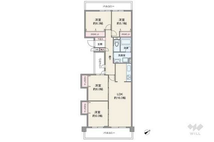 間取り図 間取りは専有面積89.96平米の4LDK。両面と中央にバルコニーがある、センターインのプラン。居室はすべて洋室仕様です。キッチンは生活感が伝わりにくい独立型。バルコニー面積は17.01平米です。