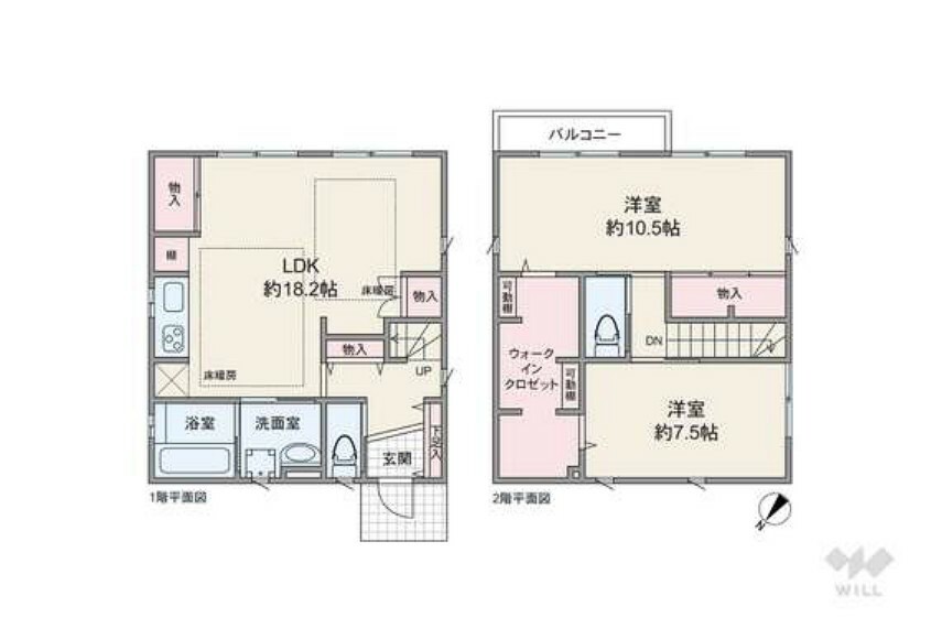 間取り図 【間取り図】土地面積127.15平米建物面積99.0平米の2LDKの間取り。2階10.5帖の洋室は、間仕切りを入れて2つの居室として使用することもできます。