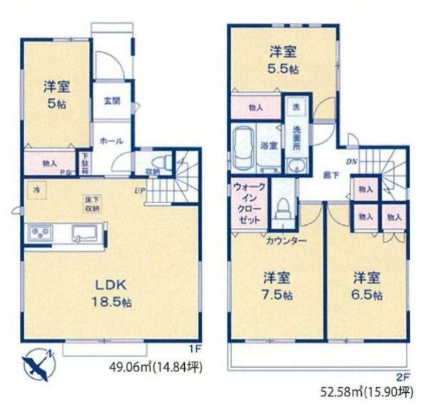 間取り図 日当たり良好な南東向きバルコニー。全室2面採光につき通風良好。7.5帖の洋室には収納に便利なWIC完備。コミュニケーションの取りやすいリビングイン階段を採用しています。