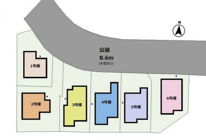 区画図 （区画図）広々前面道路で開放的な立地！駐車スペースは各棟によりますので、お気軽にお問い合わせください。