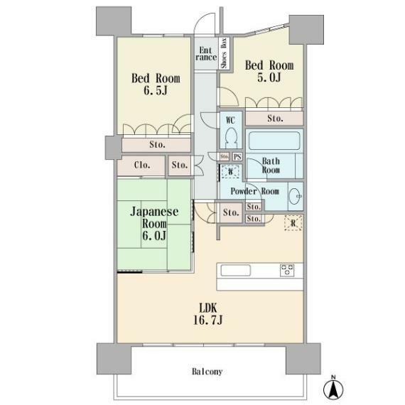 間取り図 南向き、陽当たり良好な3LDKのお部屋です。LDK横の和室は扉を開けて1部屋続きで使うことも可能です。お子様が小さな時な遊び部屋やお昼寝のお部屋として使うのも良いですね。