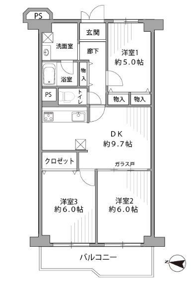東大阪スカイハイツ(3DK) 7階の間取り