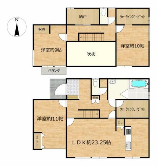 【リフォーム後間取図】3SLDKの間取りです。2階の洋室はカーペット敷きからフローリングに変更します。吹抜けのある広々とした間取りです。