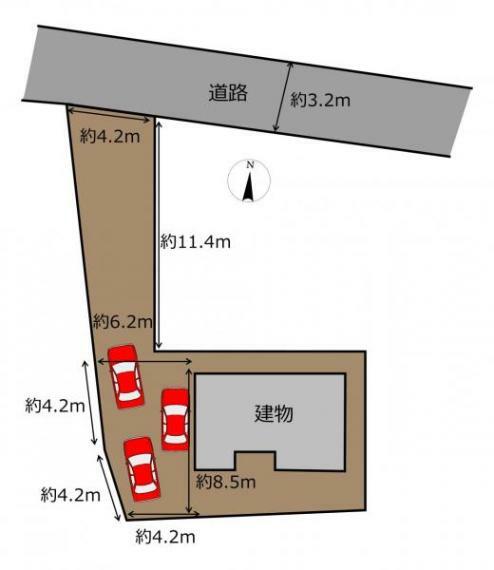 区画図 【区画図】駐車3～4台可能です。来客時にも駐車スペースがあると安心ですね。
