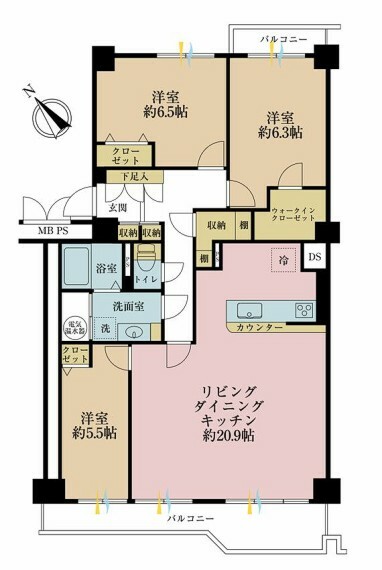 間取り図 3LDK、専有面積90.01平米、バルコニー面積11.19平米