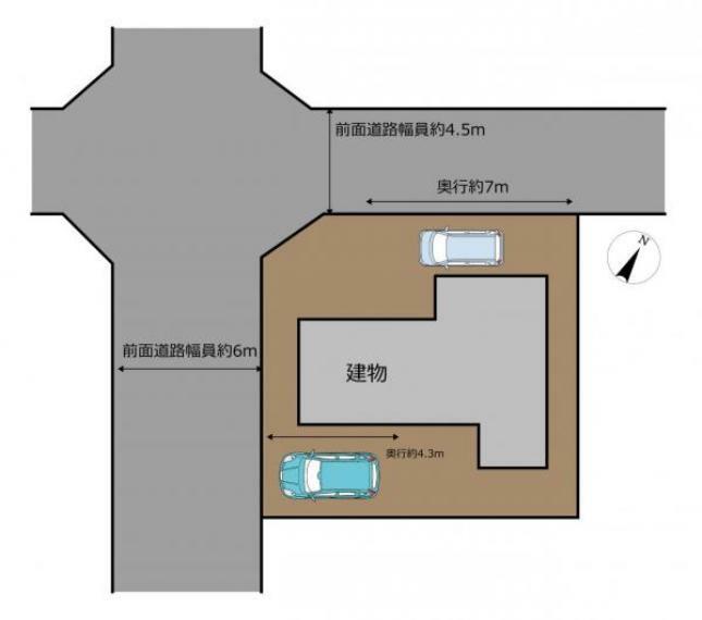 区画図 【リフォーム後区画図】駐車は横づけ1台とお庭を一部駐車場に拡張いたします。共に間口をしっかり取っているのでゆとりを持った駐車が可能ですね。北西角地の開放感のあるおうち。