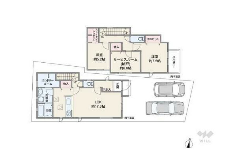 間取り図 間取りは延床面積96.06平米の2SLDK。2階リビングのプラン。各居室に収納が確保されています。水回りが近い場所に集約されており家事動線に優れたプランです。