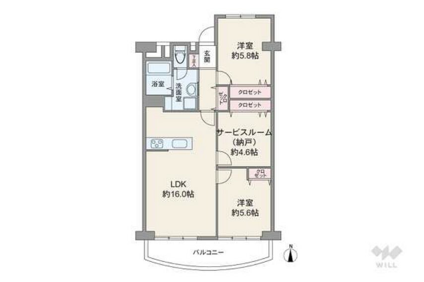 DK約16.0帖の縦長リビングのプラン。サービスルームとバルコニー側の洋室にはLDKを通ってアクセスするため、家族のコミュニケーションの機会が増えます。全個室と廊下に収納スペースが設けられています。