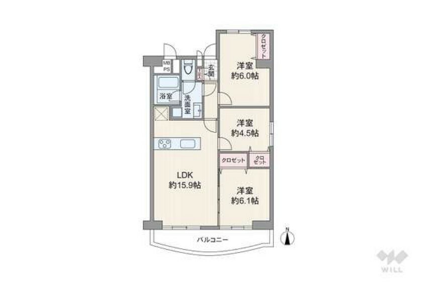 間取り図 間取りは専有面積75.7平米の3LDK。LDK約15.9帖の縦長リビングのプラン。バルコニー面積は9.10平米です。