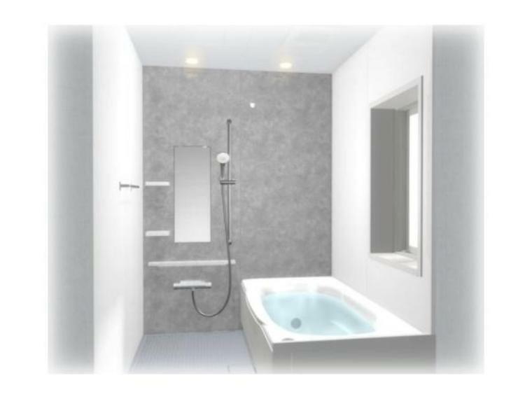 専用部・室内写真 【浴室イメージ】シルバーグレー＋マットホワイトの壁でスタイリッシュ。上記換気機能付きの乾燥暖房機、ミナモ浴槽、とるピカスリムカウンター、エコアクアシャワー。