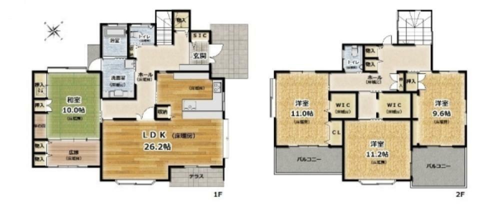 間取り図 LDK26帖　和室10帖　各居室約10帖と二世帯も可能な広々住宅