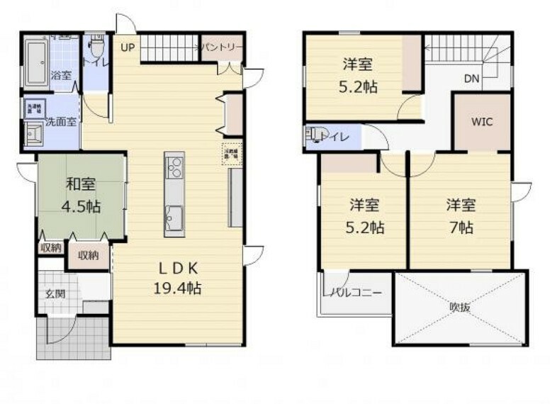 間取り図 （B棟間取）吹き抜けで明るく開放感のあるリビング。アイランドキッチン・オープンクロゼットなどこだわりの間取りをぜひ見学に来てください。