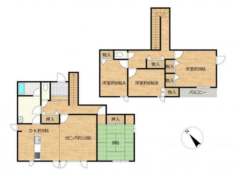 間取り図 【間取り図】4LDKの2階建てです。1階に和室1部屋、2階に洋室3部屋があり全室クロス貼替し、照明は全交換しました。