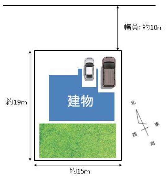 区画図 【敷地配置図】間口約15m奥行約19mあり、駐車場スペース2台あります。