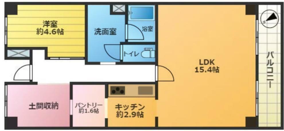 居室1部屋の1LDKです。パントリーや土間収納など収納スペースが充実しています。