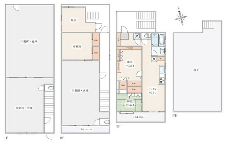 間取り図 2LDKの居住スペースと作業所、事務所がついています。