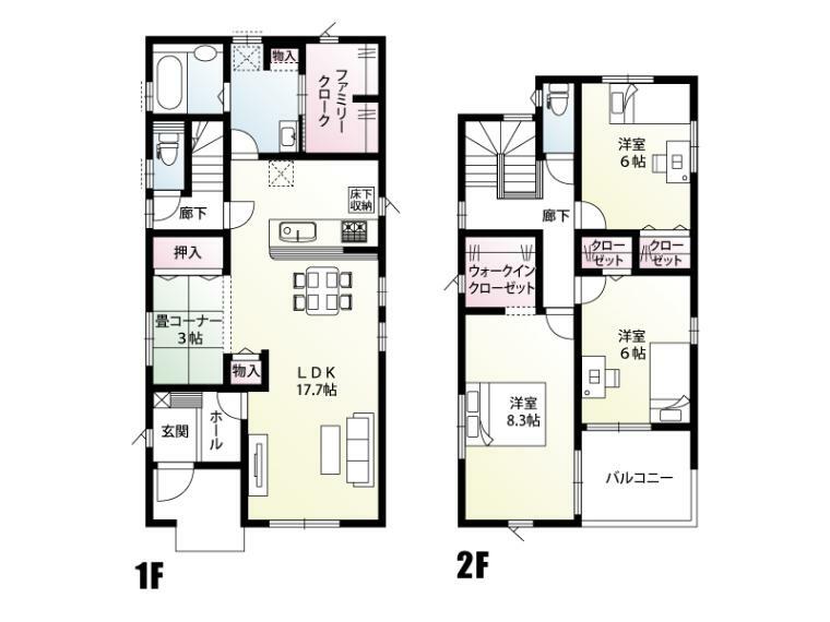 【2号棟:間取り図】1階にファミリークロークを設置した間取りです。家族の収納を集約することで、家事や生活の時短につながります。