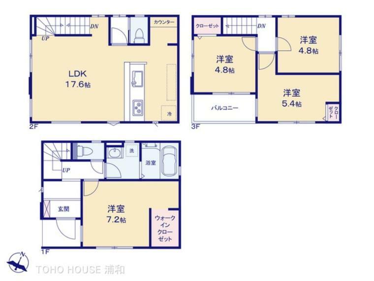 間取り図 「3号棟」建物面積 96.15m2・主寝室7.2帖＋WIC・キッチン横に家事スペース「カウンター」