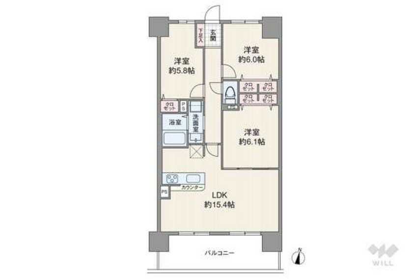 間取り図 間取りは専有面積71.81平米の3LDK。LDK約15.4帖、開放的な横長リビングのプラン。全居室洋室仕様で、各個室に収納スペース付き。バルコニー面積は12.80平米です。