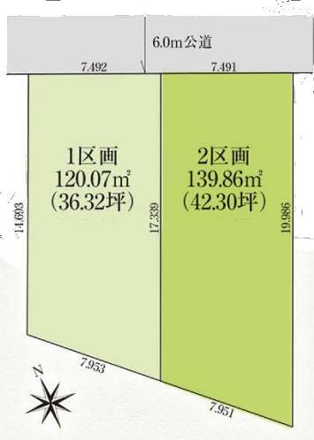 土地図面 敷地42.30坪の売地です。前面道路6mにつき車のすれ違いがスムーズです。