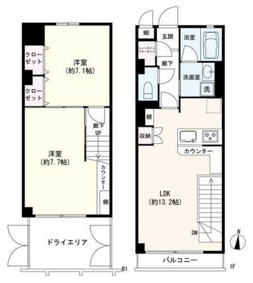 間取り図 65.68平米　2LDK（メゾネットタイプ）