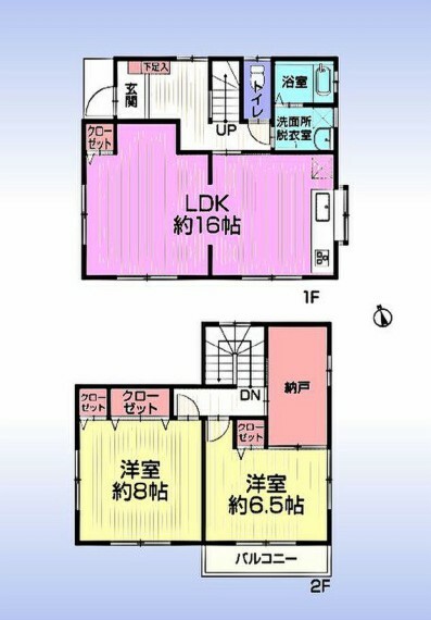 間取り図 木造2階建て2LDK。16帖のLDK。2階に洋室2室。大きな納戸。各部屋に収納有。南向きバルコニー。
