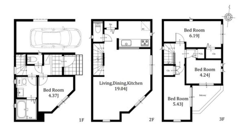 間取り図 3号棟: 家族団欒のLDKは19.0畳と広々足元から心地よくお部屋を暖める床暖房付き浴室は広々とした1坪サイズのためゆったりとバスタイムを満喫できます