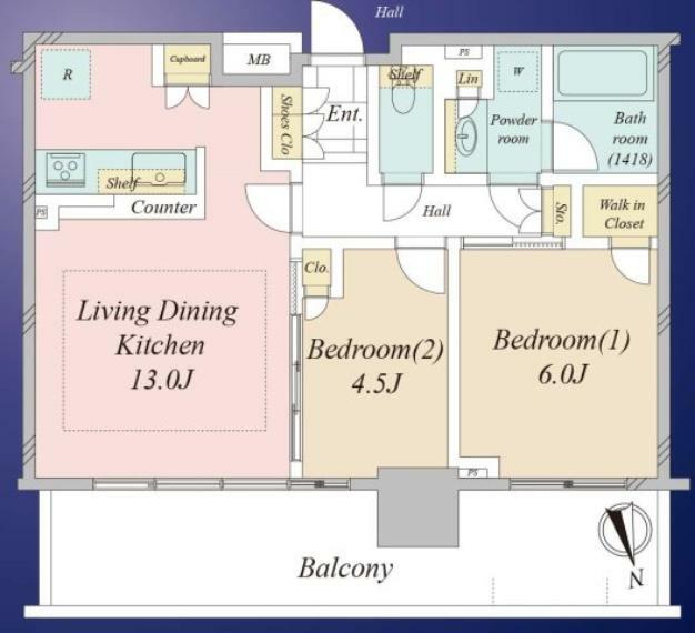 間取り図 2LDKの中古マンションは、経済的にお手頃な価格の物件です。リビングルームで家族団らんの時間が過ごせ、間仕切りで隔てた2部屋は、寝室や書斎、子供部屋など、目的に応じて、使えることがメリットです。