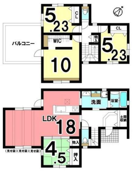間取り図 1階は和室を合わせて22.5帖の大きな空間。洗面室へはキッチンと玄関側の2か所から出入りできる便利な間取りです。